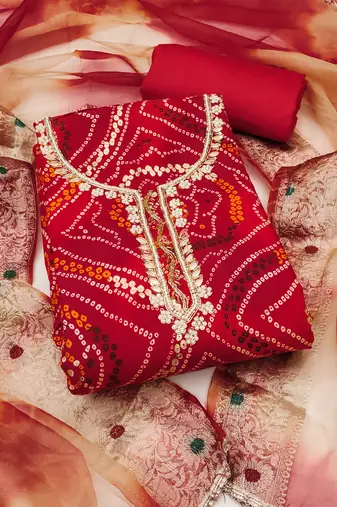Women's red unstitched bandhani print handwork jam cotton dress material 