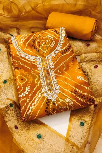 Women's yellow unstitched bandhani print handwork jam cotton dress material 