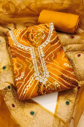 Women's yellow unstitched bandhani print handwork jam cotton dress material 