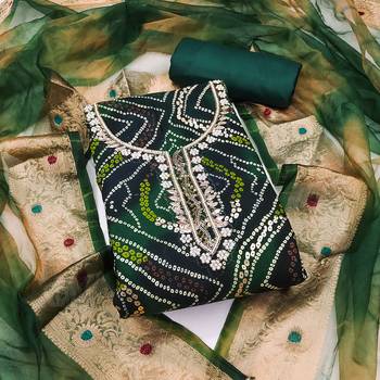 Women's green unstitched bandhani print handwork jam cotton dress material  1