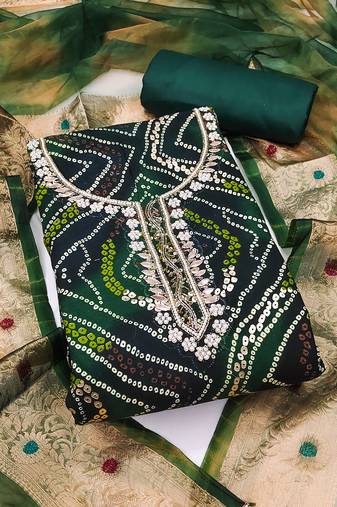 Women's green unstitched bandhani print handwork jam cotton dress material 