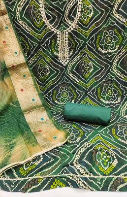 Women's green unstitched bandhani print handwork jam cotton dress material  2