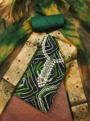 Women's green unstitched bandhani print handwork jam cotton dress material  3