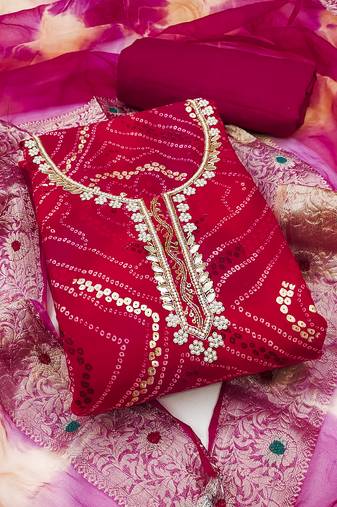 Women's pink unstitched bandhani print handwork jam cotton dress material 