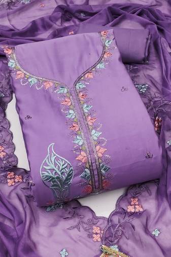 Women's levender unstitched thread sequence embroidery pure cotton silk dress material 