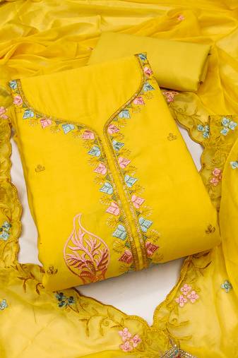Women's yellow unstitched thread sequence embroidery pure cotton silk dress material 