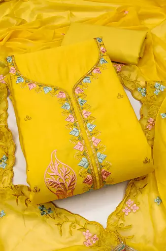 Women's yellow unstitched thread sequence embroidery pure cotton silk dress material 