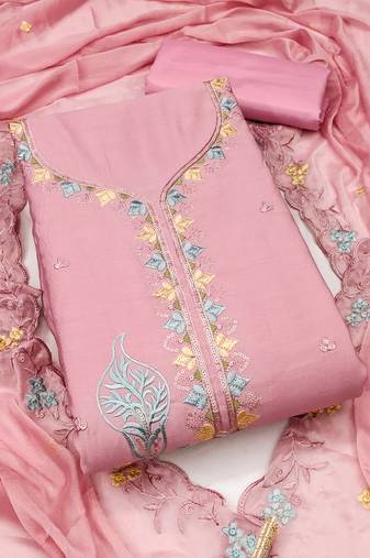 Women's baby pink unstitched thread sequence embroidery pure cotton silk dress material 