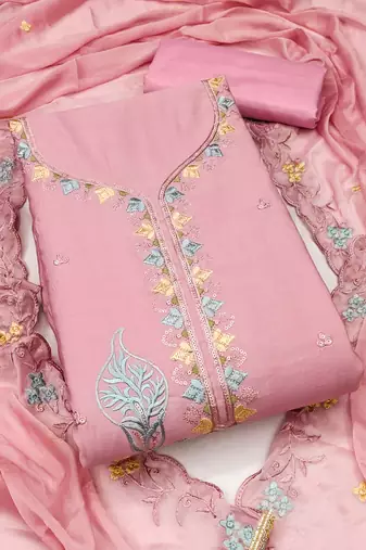 Women's baby pink unstitched thread sequence embroidery pure cotton silk dress material 