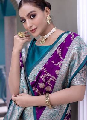 Purple Heavy Satin Banarasi silk blend Saree 1