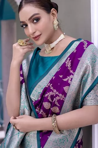 Purple Heavy Satin Banarasi silk blend Saree