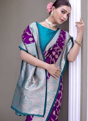 Purple Heavy Satin Banarasi silk blend Saree 2