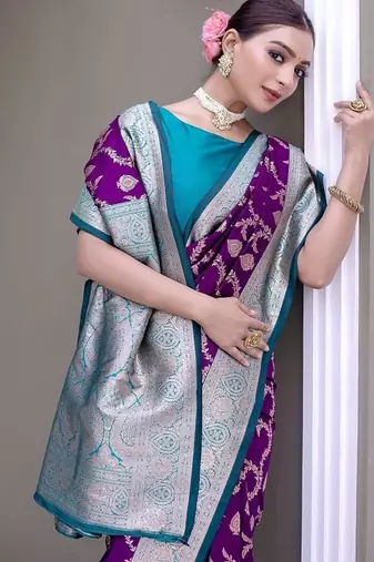 Purple Heavy Satin Banarasi silk blend Saree