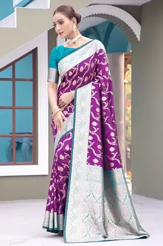 Purple Heavy Satin Banarasi silk blend Saree