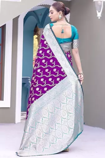 Purple Heavy Satin Banarasi silk blend Saree