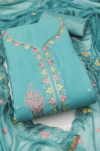 Women's sea green unstitched thread sequence embroidery pure cotton silk dress material 