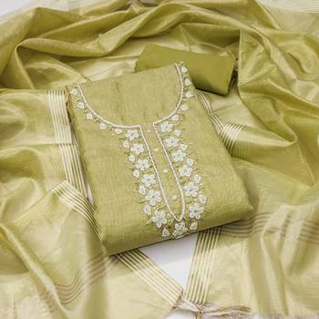 Women's olive green heavy handwork simmer cotton dress material 1