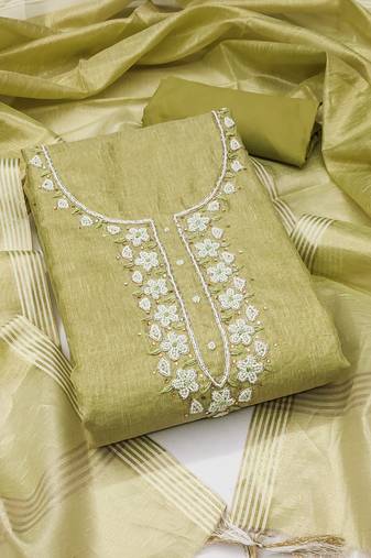 Women's olive green unstitched heavy handwork simmer cotton dress material 
