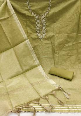 Women's olive green heavy handwork simmer cotton dress material 2