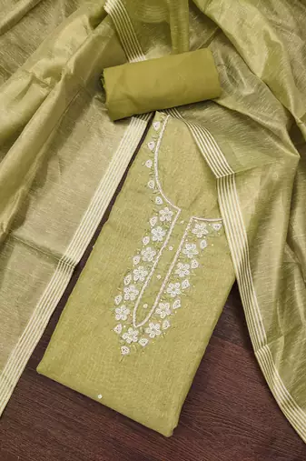 Women's olive green heavy handwork simmer cotton dress material