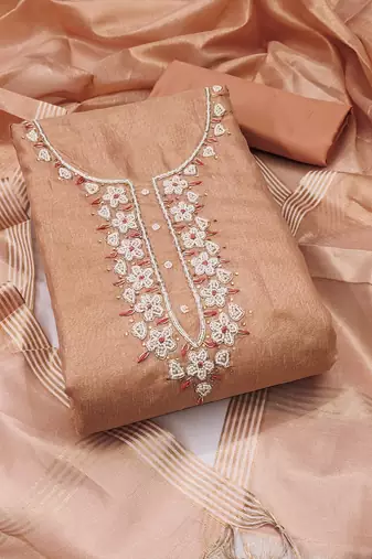 Women's peach unstitched heavy handwork simmer cotton dress material 