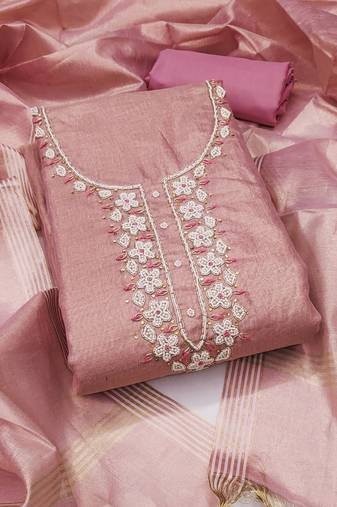 Women's pink unstitched heavy handwork simmer cotton dress material 