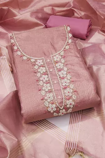 Women's pink unstitched heavy handwork simmer cotton dress material 