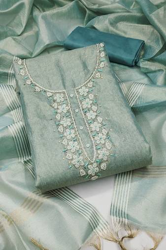 Women's sea green unstitched heavy handwork simmer cotton dress material 