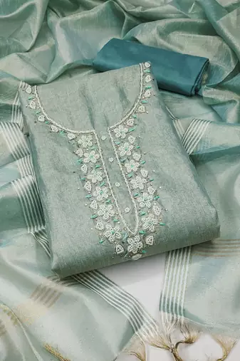 Women's sea green unstitched heavy handwork simmer cotton dress material 
