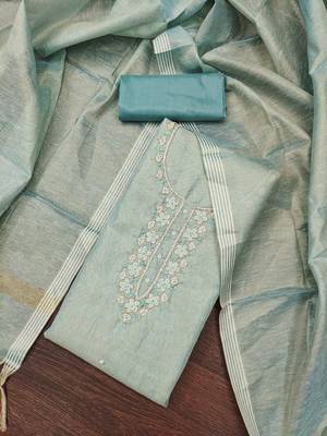 Women's sea green heavy handwork simmer cotton dress material 3