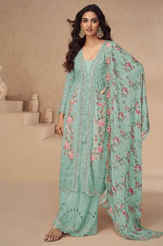 designer baby blue summer wear chinon pakstani straight suit for women
