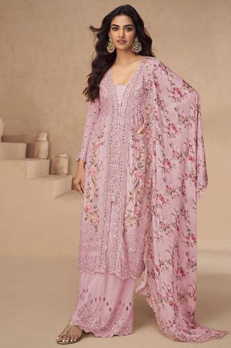 designer pink summer wear chinon pakstani straight suit for women