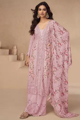 designer pink summer wear chinon pakstani straight suit for women
