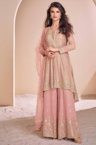 designer heavy embroidered peach georgette peplum suit for women