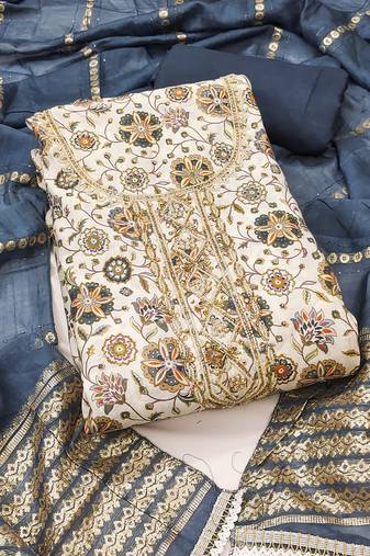 Women's multi unstitched print handwork embroidery roman cotton silk dress material 