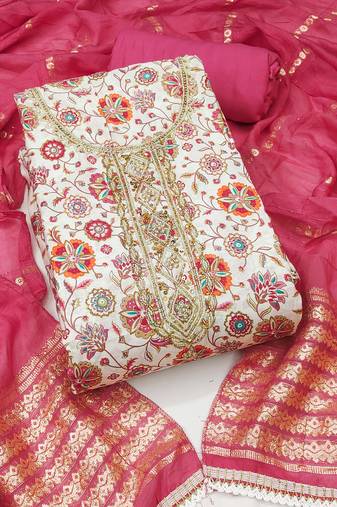 Women's multi unstitched print handwork embroidery roman cotton silk dress material 