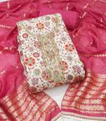 Women's multi unstitched print handwork embroidery roman cotton silk dress material