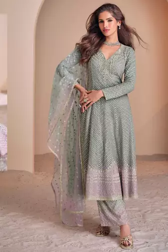 designer heavy embroidered green georgette peplum suit for women