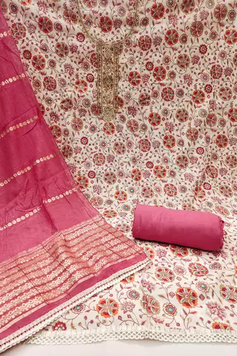 Women's multi print handwork embroidery roman cotton silk dress material