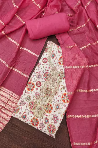 Women's multi print handwork embroidery roman cotton silk dress material