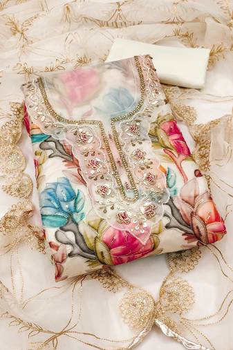 Women's multi unstitched position print handwork embroidery organja dress material 