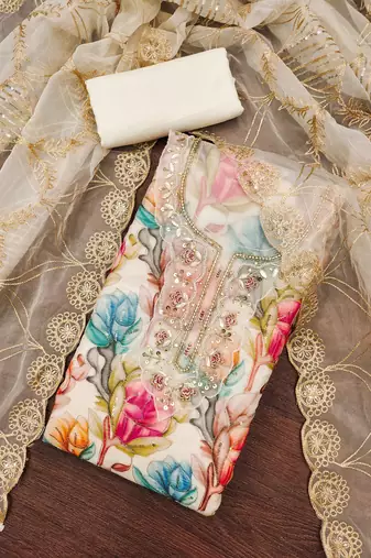 Women's multi position print handwork embroidery organja dress material