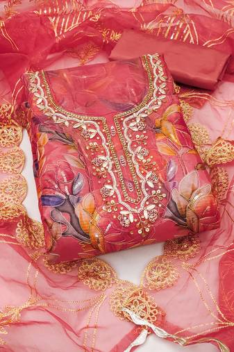 Women's multi unstitched position print handwork embroidery organja dress material 
