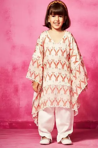 Pink printed satin kurta set