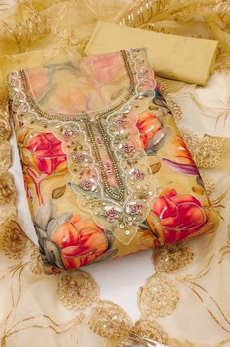 Women's multi unstitched position print handwork embroidery organja dress material 