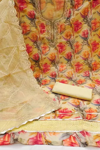 Women's multi position print handwork embroidery organja dress material