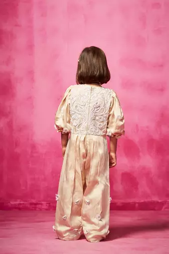 Pink embroidered satin jumpsuit