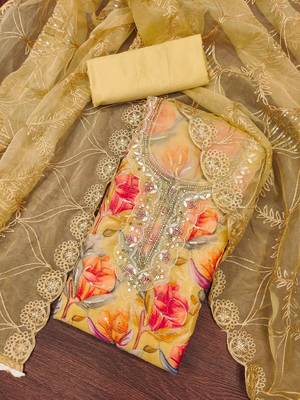 Women's multi position print handwork embroidery organja dress material 3