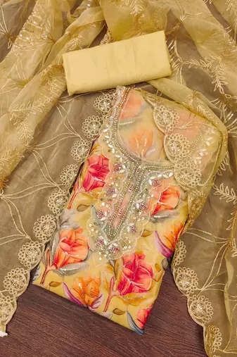 Women's multi position print handwork embroidery organja dress material