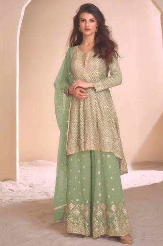 new pista green high low style wedding wear georgette salwar suit for women